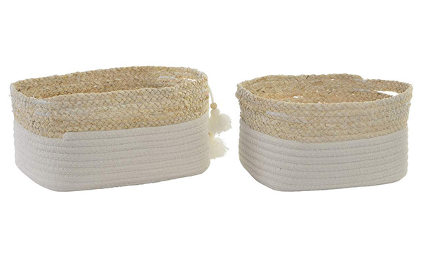 Corbeille set 2 coton fibre 28x22x14 pompon blanc