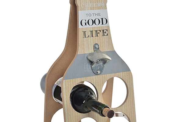 Bottle rack wood metal 21x19x55 opener