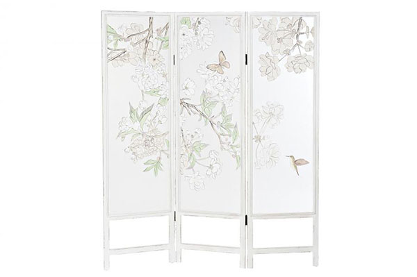 Folding screen nylon wood 150x2x180 flowers white