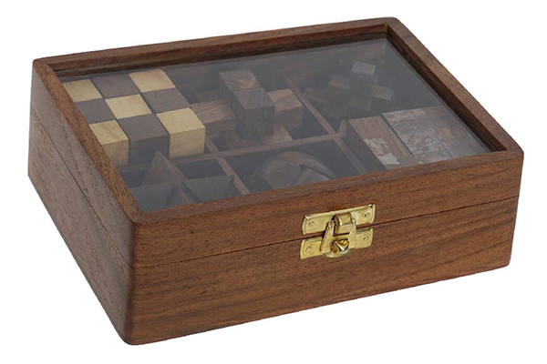 Game set 6 sheesham brass 17,5x12x6 puzzle