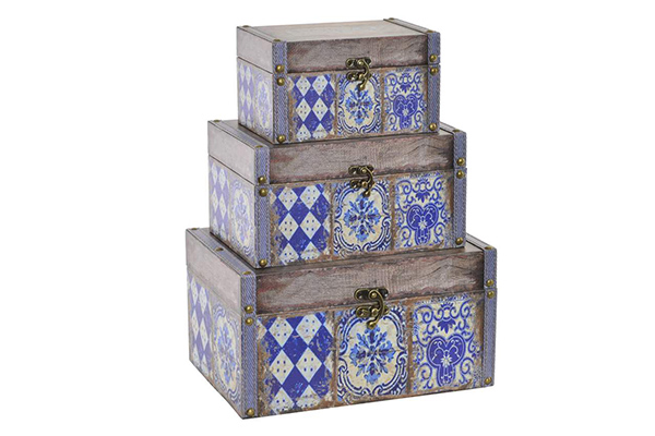 Box set 3 canvas wood 28x20x15 tile aged blue