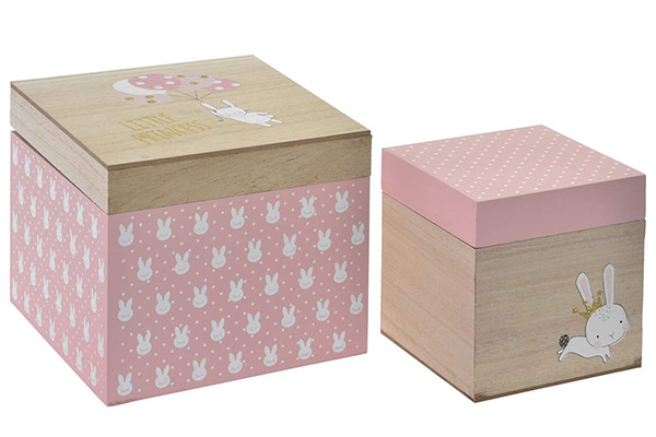 Box set 2 wood 18x18x15 little rabbit natural pink