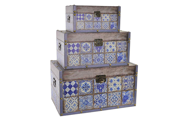 Trunk set 3 canvas wood 59x36x32 tile aged blue