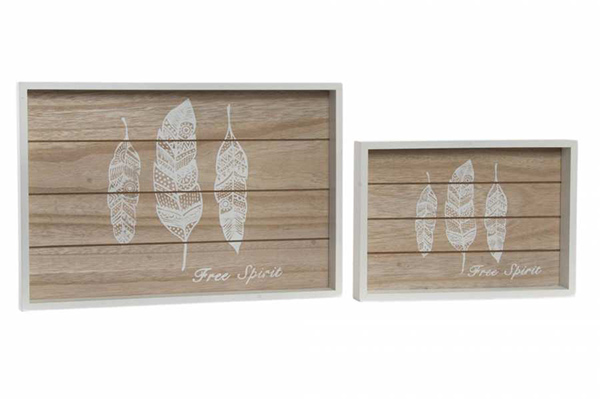 Tray set 2 wood 35x24x3 feathers natural