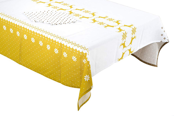Tablecloth set 8 cotton 150x250 reindeers golden