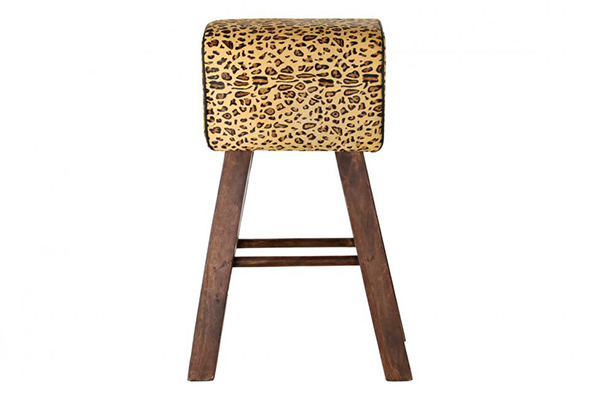 Stool wood leather 43x35x75 leopard brown