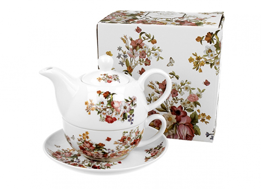 Tea for one porcelanowy vintage flowers - white
